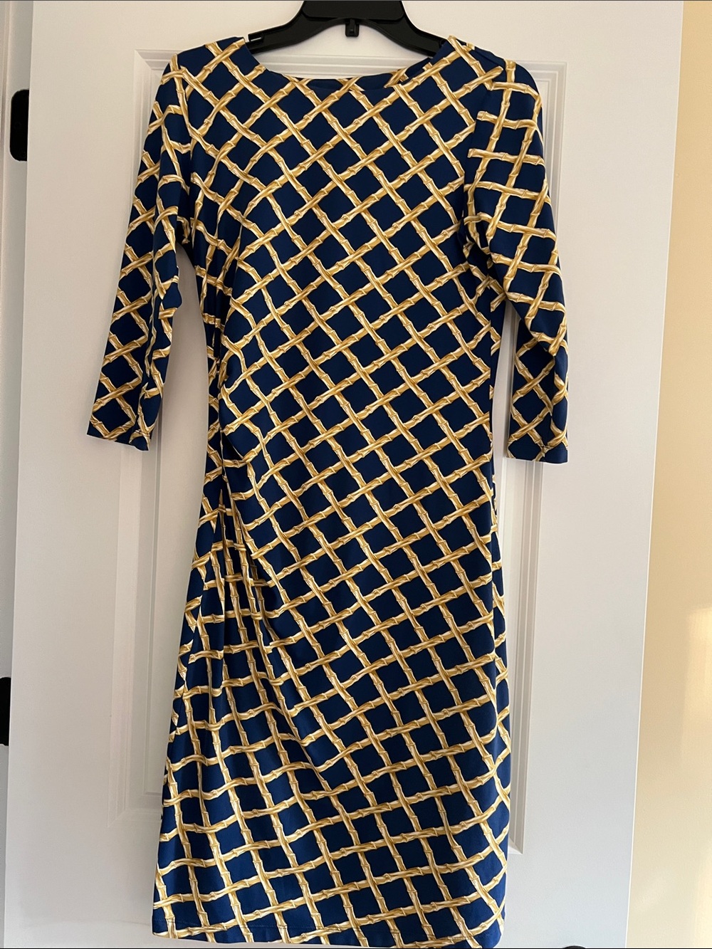 J. McLaughlin Navy and Gold Lattice-Print Dress